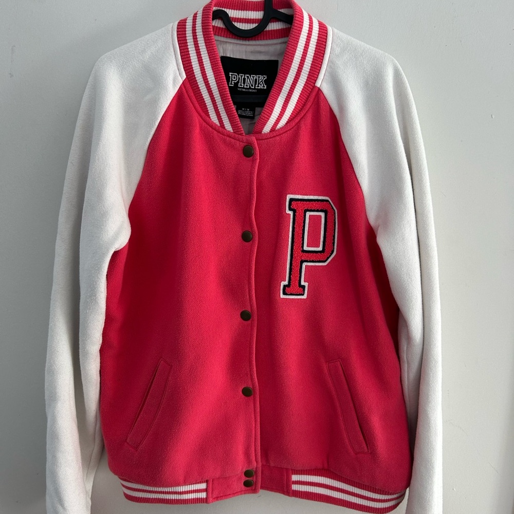 PINK Victoria’s Secret  varsity, bomber jacket, pink white sleeve Medium